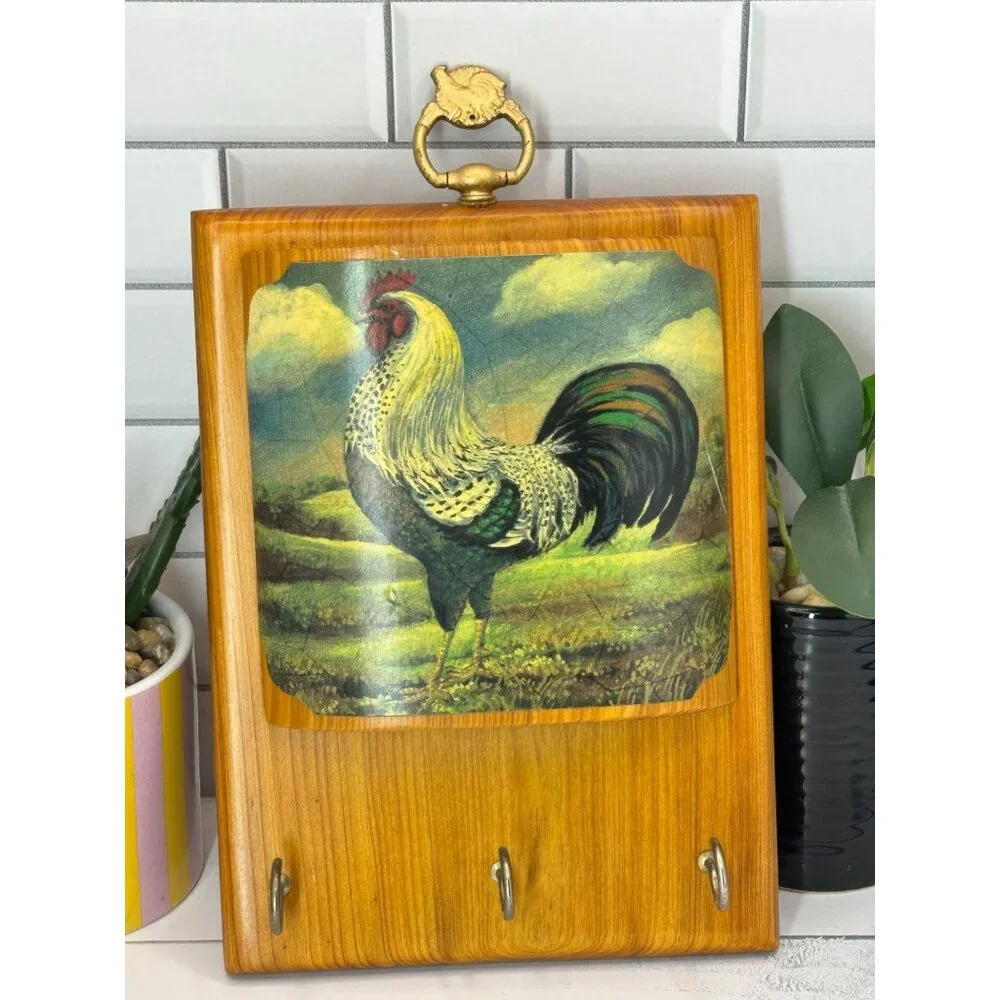 Vintage Wooden Wall Key Holder With Rooster Design & Top Hanger 3 Hooks